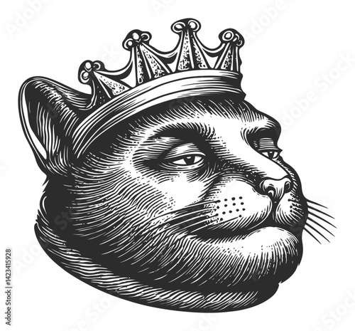 Regal Cat Illustration in Linocut Style with Crown Design