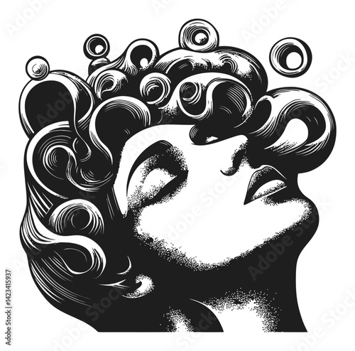 Elegant Woman with Flowing Hair and Bubbles in Black and White