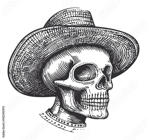 Detailed Vintage Skull Illustration with Straw Hat in Engraving Style