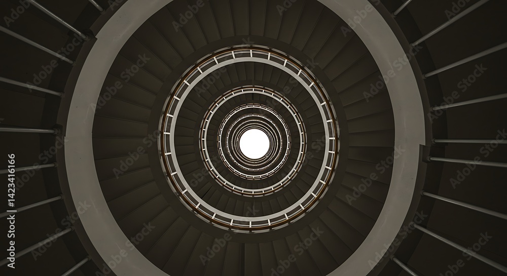 Fototapeta premium Spiral Staircase Ascends in Hypnotic Pattern Under Bright White Light, Showcasing Architecture, Design & Verticality, Viewed from Worm's Eye Perspective