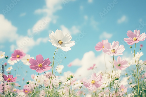 Pink and white cosmos flowers in a field, summertime, blue sky, wide-angle view, vintage style, pastel colors, soft focus, low contrast, nostalgic mood, vintage.