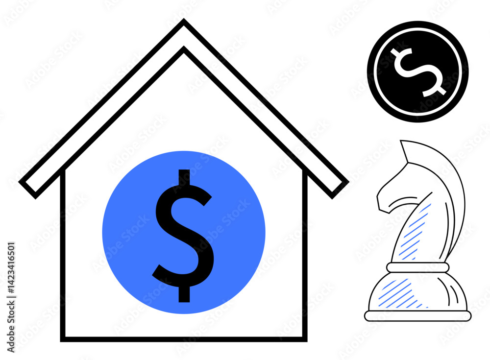 House with dollar sign, coin, chess knight representing real estate investment, money, and strategy. Ideal for finance, planning, real estate investment savings strategy business insights. Flat House with dollar sign, coin, chess knight representing real estate investment, money, and strategy. Ideal for finance, planning, real estate investment savings strategy business insights. Flat
