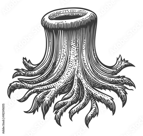 Detailed Engraving of Tree Stump with Roots and Intricate Design