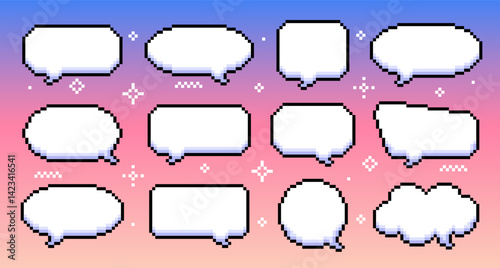 Retro pixelated speech bubbles of various shapes. Pixelated dialogue boxes. Vector illustration