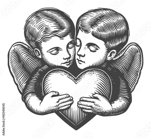 Charming Twin Angels Embracing Heart in Vintage Linocut Style