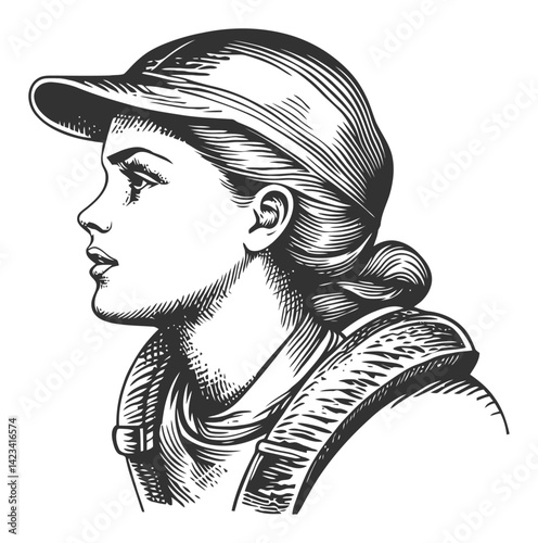 Detailed Profile of a Young Woman in Vintage Engraving Style