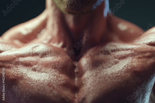 A close-up shot of a male athlete's upper body, showcasing his physique with sweat droplets glistening against a dark background.
