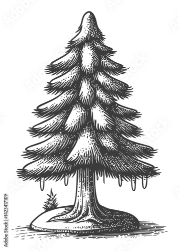 Detailed Black and White Illustration of a Pine Tree in Engraving Style