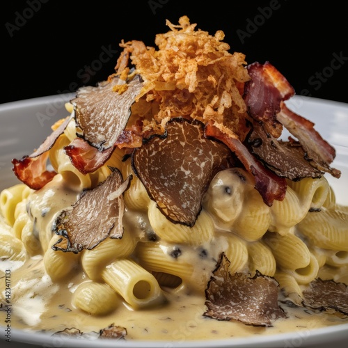 A modern reinterpretation of classic comfort food: a gourmet mac and cheese with black truffle oil, smoked bacon, and a crispy topping.