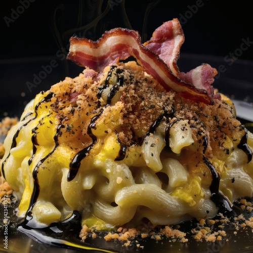 A modern reinterpretation of classic comfort food: a gourmet mac and cheese with black truffle oil, smoked bacon, and a crispy topping.