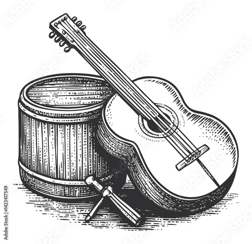Classic Acoustic Guitar with Wooden Barrel and Tools in Engraving Style