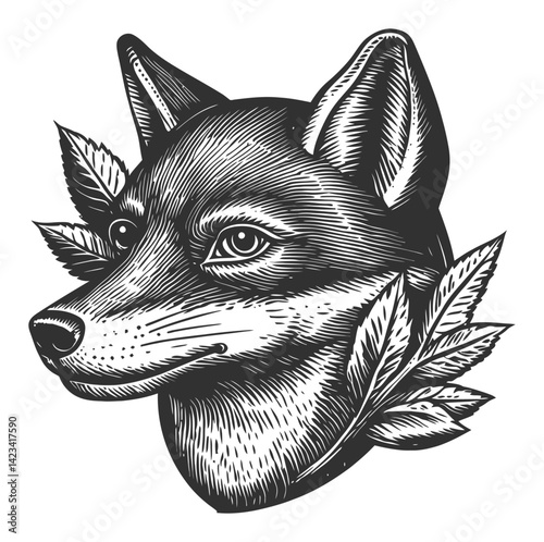 Detailed Illustration of a Dog Head with Floral Elements in Linocut Style