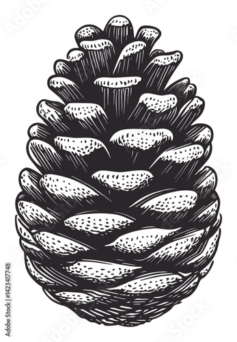 Detailed Pine Cone Illustration in Linocut Engraving Style