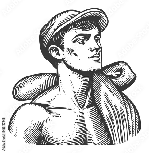 Detailed Linocut Style Engraving of a Young Man with a Hat