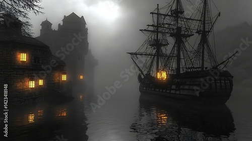 Wallpaper Mural Mysterious harbor scene with a historic ship and illuminated buildings in fog Torontodigital.ca