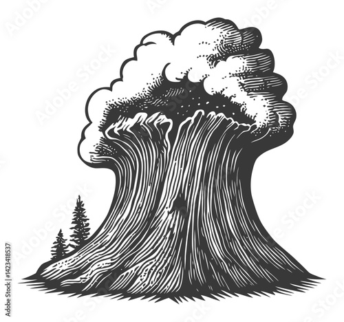 Dramatic Wave Illustration with Tree in Linocut Style Artwork