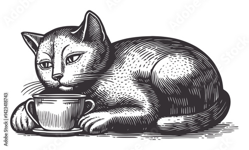 Detailed Cat Illustration in Traditional Linocut Style Artwork