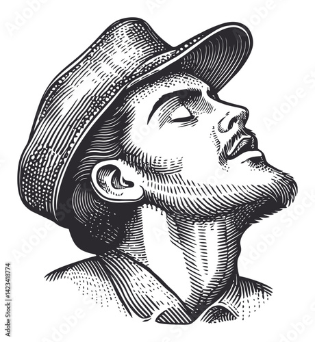 Detailed Portrait of a Man in Hat, Linear Engraving Style photo