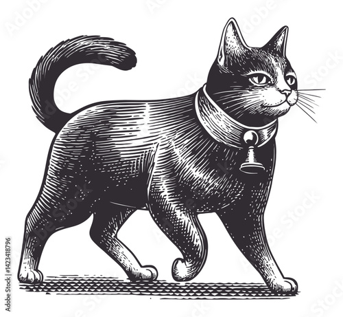 Vintage Linocut Illustration of a Cat with Bell Collar