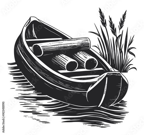 Timber Raft in Serene River Scene, Woodcut Style Illustration