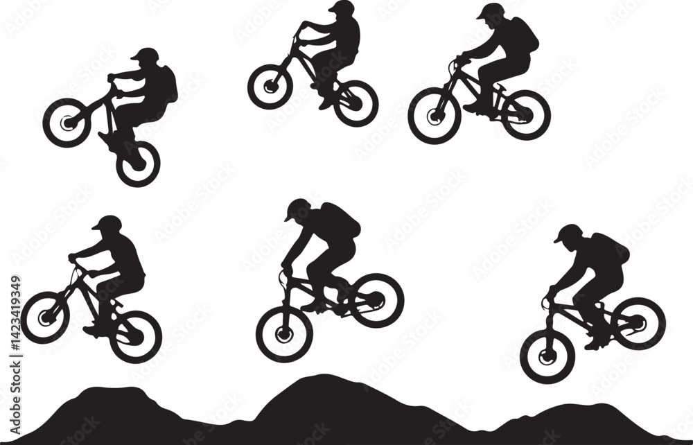 Obraz premium Epic Mountain Biking Adventure Silhouette with Pine Forest, Moon, and Wilderness Scenery
