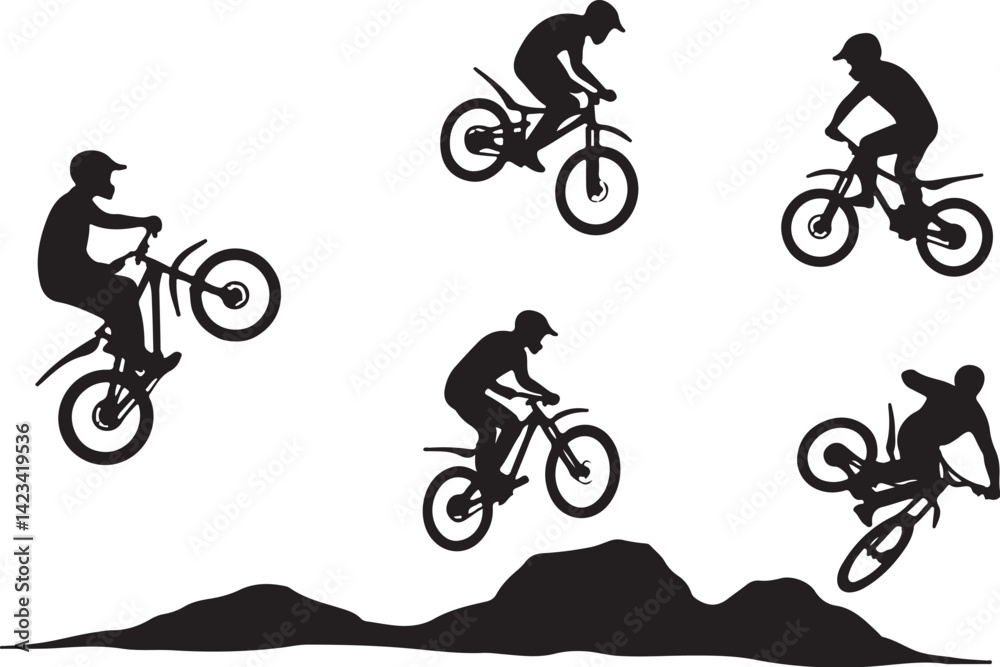 Obraz premium Epic Mountain Biking Adventure Silhouette with Pine Forest, Moon, and Wilderness Scenery