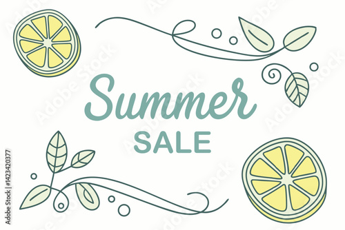 Summer sale banner with lemon and leaves. Vector hand drawn illustration.