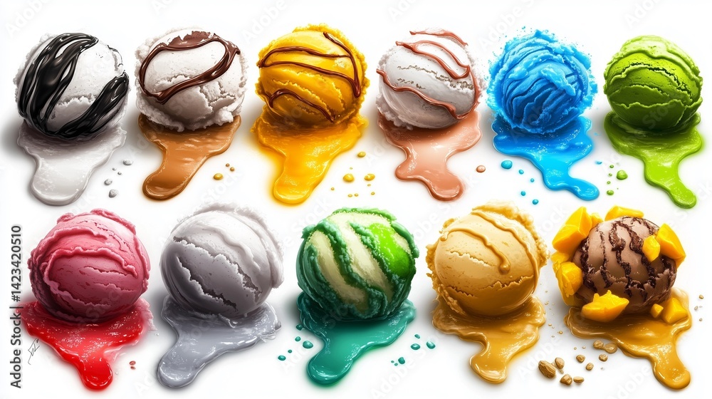 a delicious assortment of ice cream scoops with vibrant colors and creamy textures. The selection includes classic flavors like vanilla, chocolate on a white background a delicious assortment of ice cream scoops with vibrant colors and creamy textures. The selection includes classic flavors like vanilla, chocolate on a white background