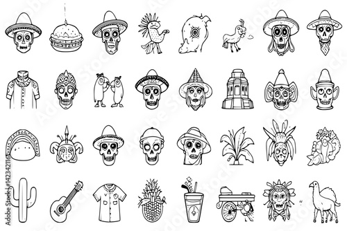Latin culture icons in black and white line art style