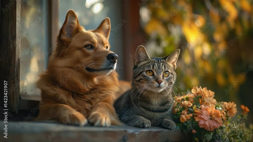 A heartwarming tableau captures a dog and a cat side-by-side, their eyes fixated on the same focal point.