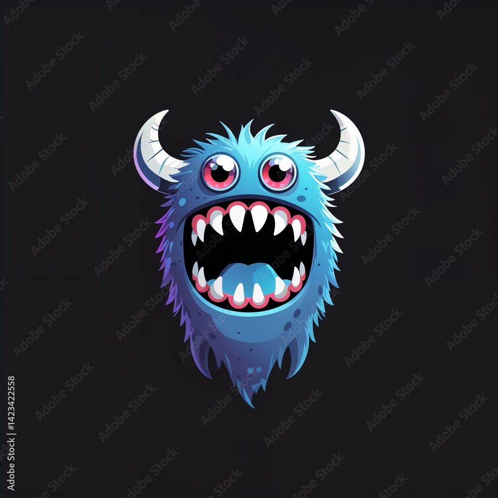 Naklejka premium toothy monster on plain black background illustration icon logo concept 