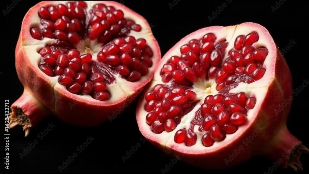 Halved pomegranate showing juicy red seeds
Halved pomegranate showing juicy red seeds