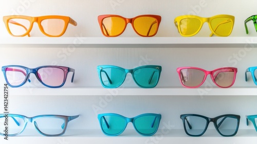 Colorful Eyeglass Frames Displayed on a White Shelf