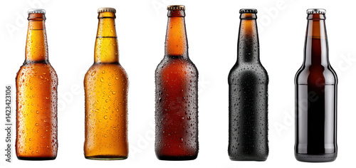 beer bottle with cold condensation, isolated on transparent background