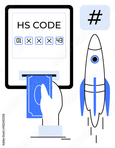 Hand entering currency into digital interface with HS code and rocket icon for rapid delivery. Ideal for logistics, e-commerce, trade, technology, innovation, global business, simple landing page