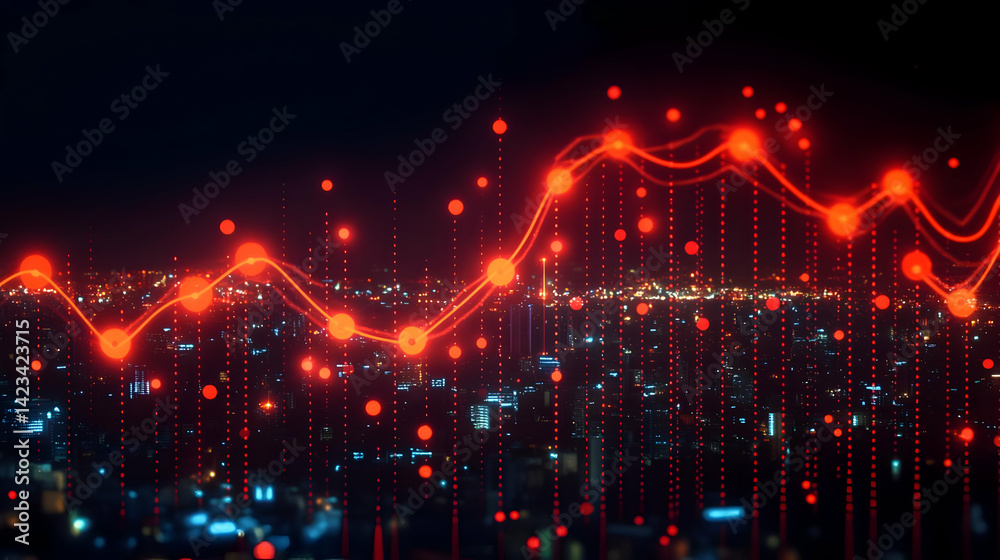 Fototapeta premium Red Glowing Data Graph Over Night Cityscape