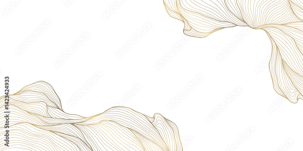 Fototapeta premium Vector abstract gold line wave pattern, luxury elegant frame with organic fluid elements. Japanese soft cards, organic leaves, flow curve glitter, clouds