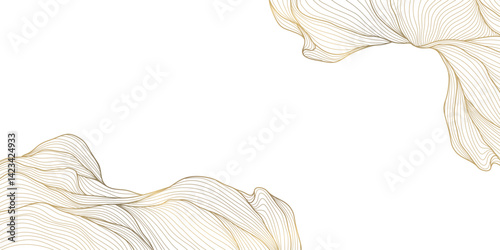 Vector abstract gold line wave pattern, luxury elegant frame with organic fluid elements. Japanese soft cards, organic leaves, flow curve glitter, clouds