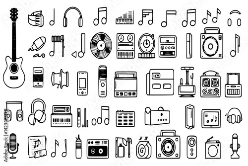 music icons in black and white line art style