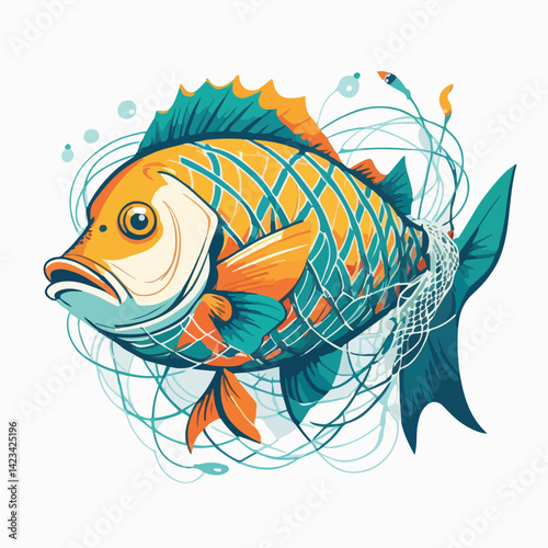 fish caught in a fisherman's net, symbolizing overfishing