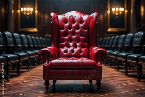 Luxurious red leather executive chair, tufted wingback design, ornate office, dark mood lighting, rows of black chairs in background, hardwood floor, dramatic contrast, professional setting, power sym