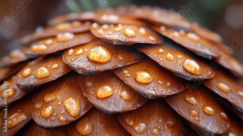 Close-up of a wet pine cone's intricate scales. photo