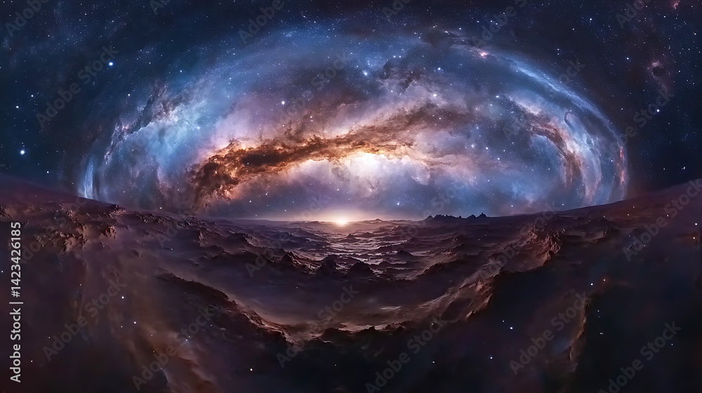 Fototapeta premium Celestial Landscape A 360� Panoramic View of a Galactic Nebula and Alien Planet