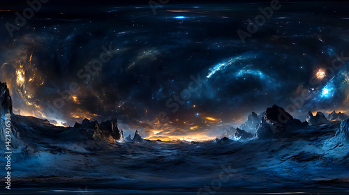 360� Panoramic View of an Alien Planet with Nebula and Starry Sky