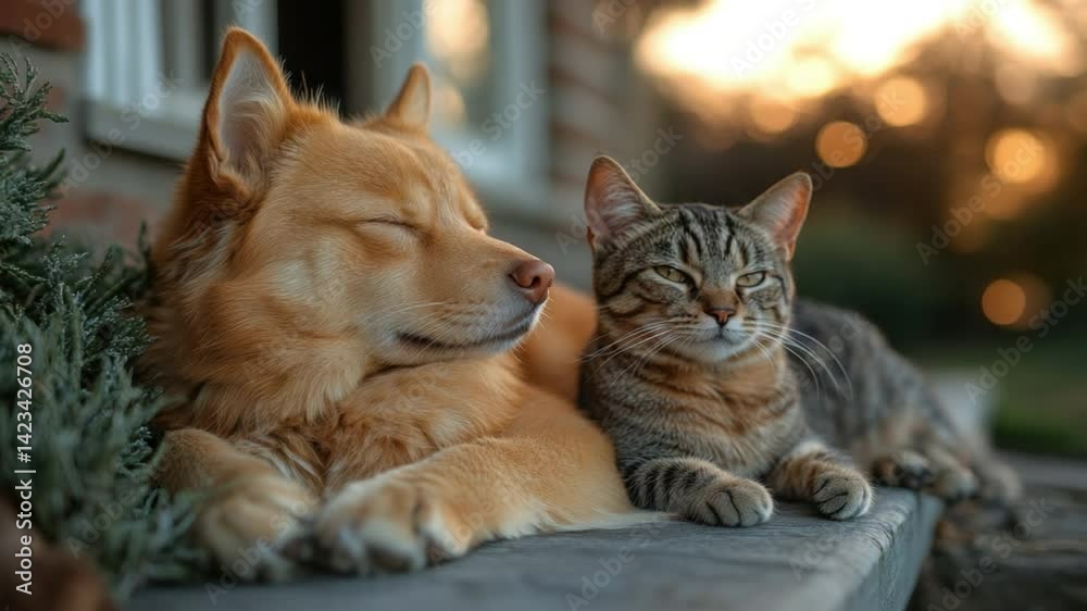 A heart warming tableau of a dog and a cat nestled together. The photograph captures a candid moment, highlighting their serene expression and bond of companionship.