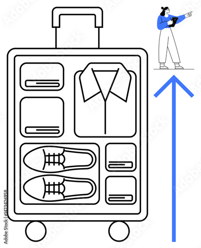 Minimalist suitcase interior layout with folded clothes, shoes, and neatly packed items. Female traveler using a tablet for travel plans. Ideal for travel, organization, planning, minimalism