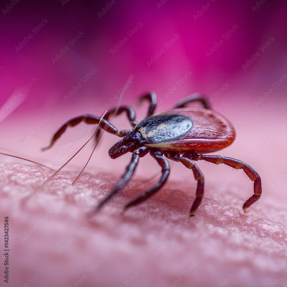 Crawling deer tick on human hairy skin background. Ixodes ricinus or scapularis. Dangerous parasitic mite on blurry pink