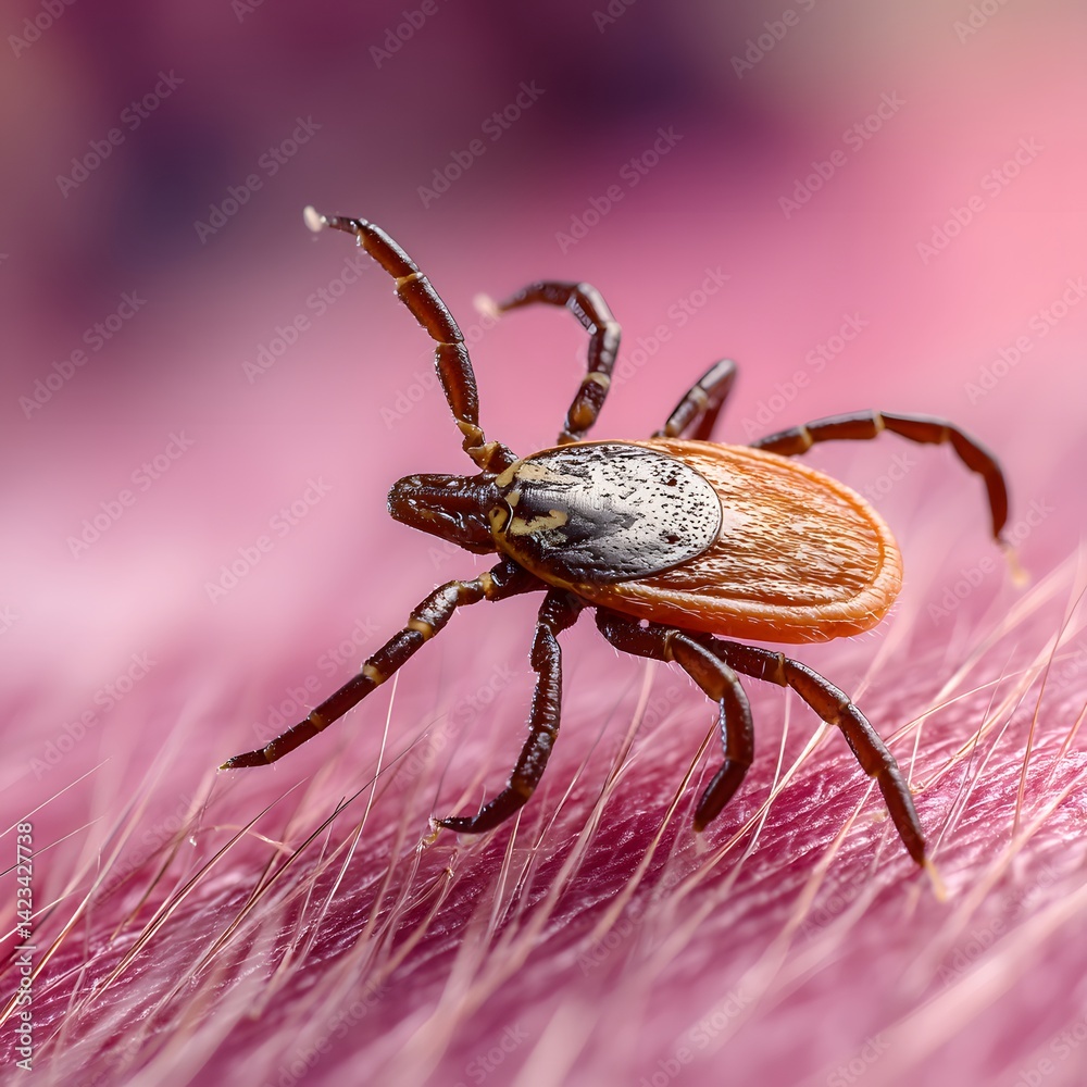 Crawling deer tick on human hairy skin background. Ixodes ricinus or scapularis. Dangerous parasitic mite on blurry pink