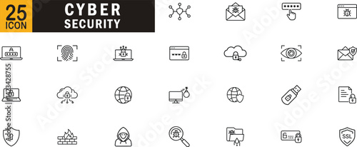 Cyber security editable outline icon set. Data protection, encryption, firewall, malware, password safety, phishing, privacy tools, digital defense, cyber threat and more.