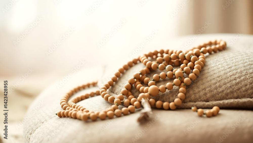 Fototapeta premium Cinematic portrait of mala beads on plush cushion in warm, serene meditation setting.